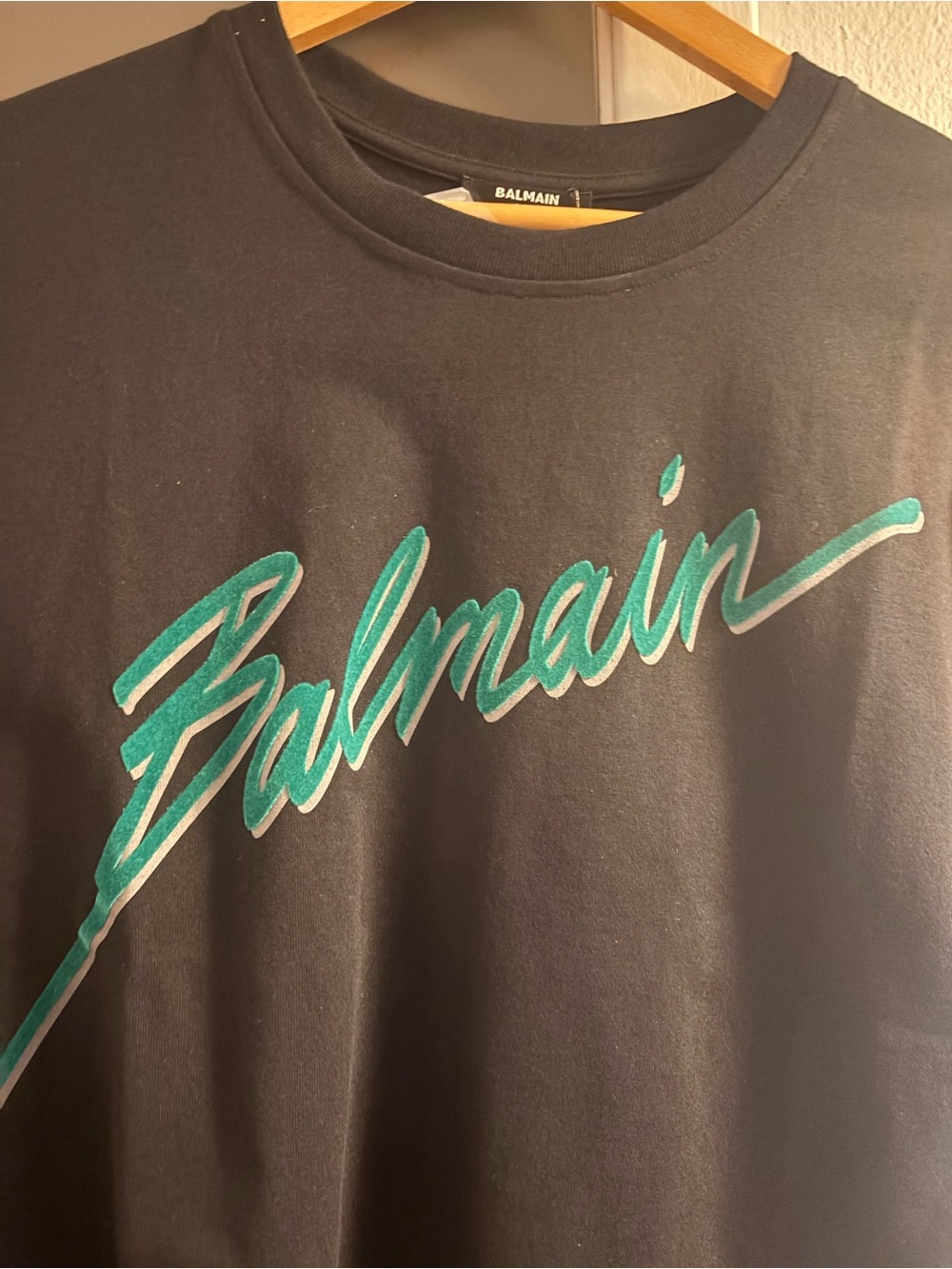Balmain Black T-Shirt with Teal Script Logo